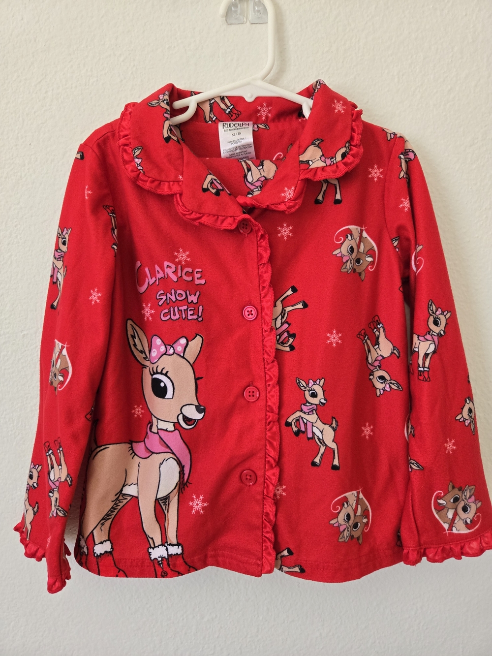 Clarice Reindeer Snow Cute Toddler Girl's Red Holiday Button Down Pajama SET